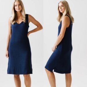 Cozy Earth Brushed Bamboo Sleeveless Midi Dress Ribbed V Neck Navy Blue Small